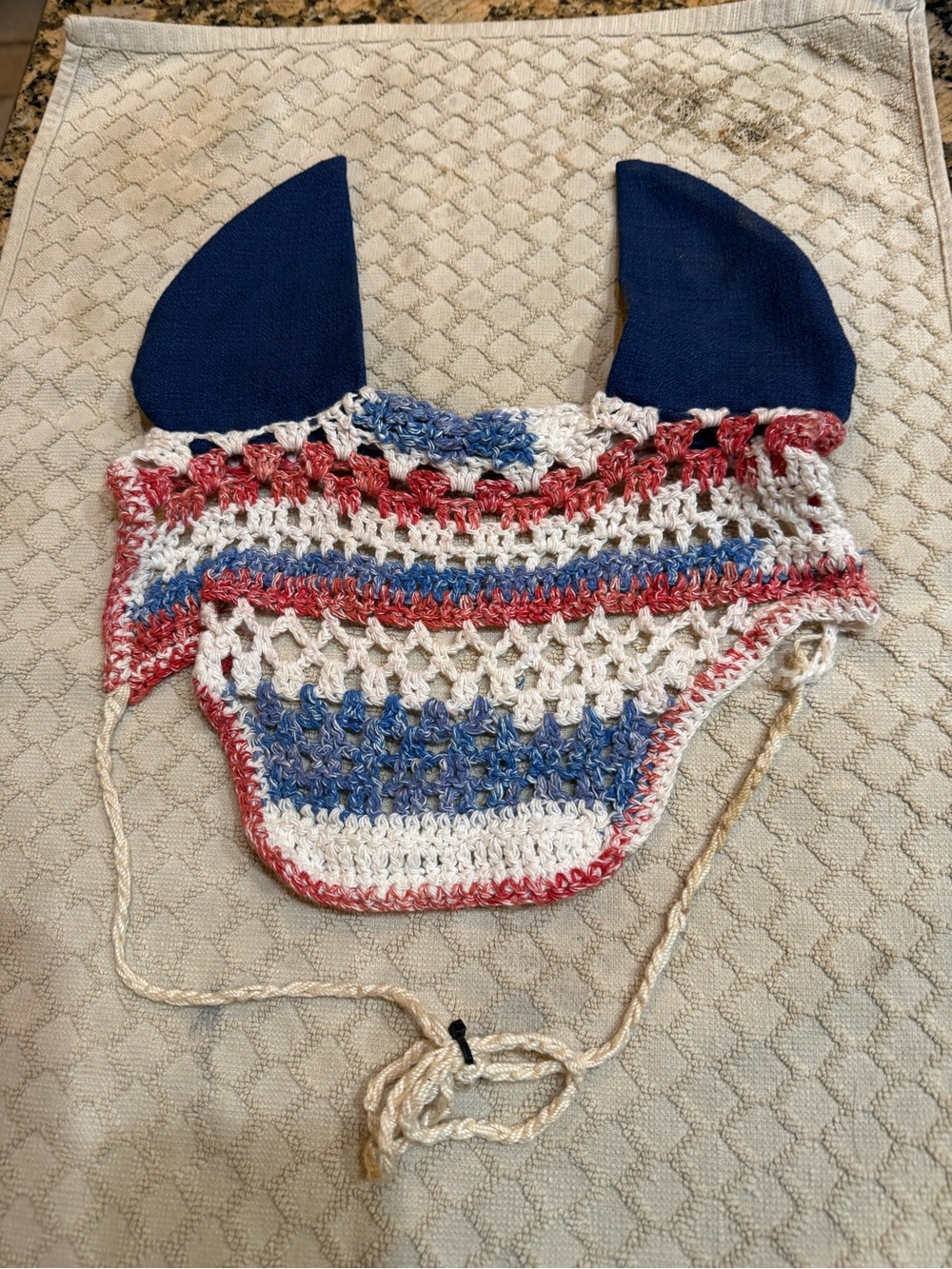Handmade Crochet Horse size Ear Bonnet patriotic in Red, White & Blue